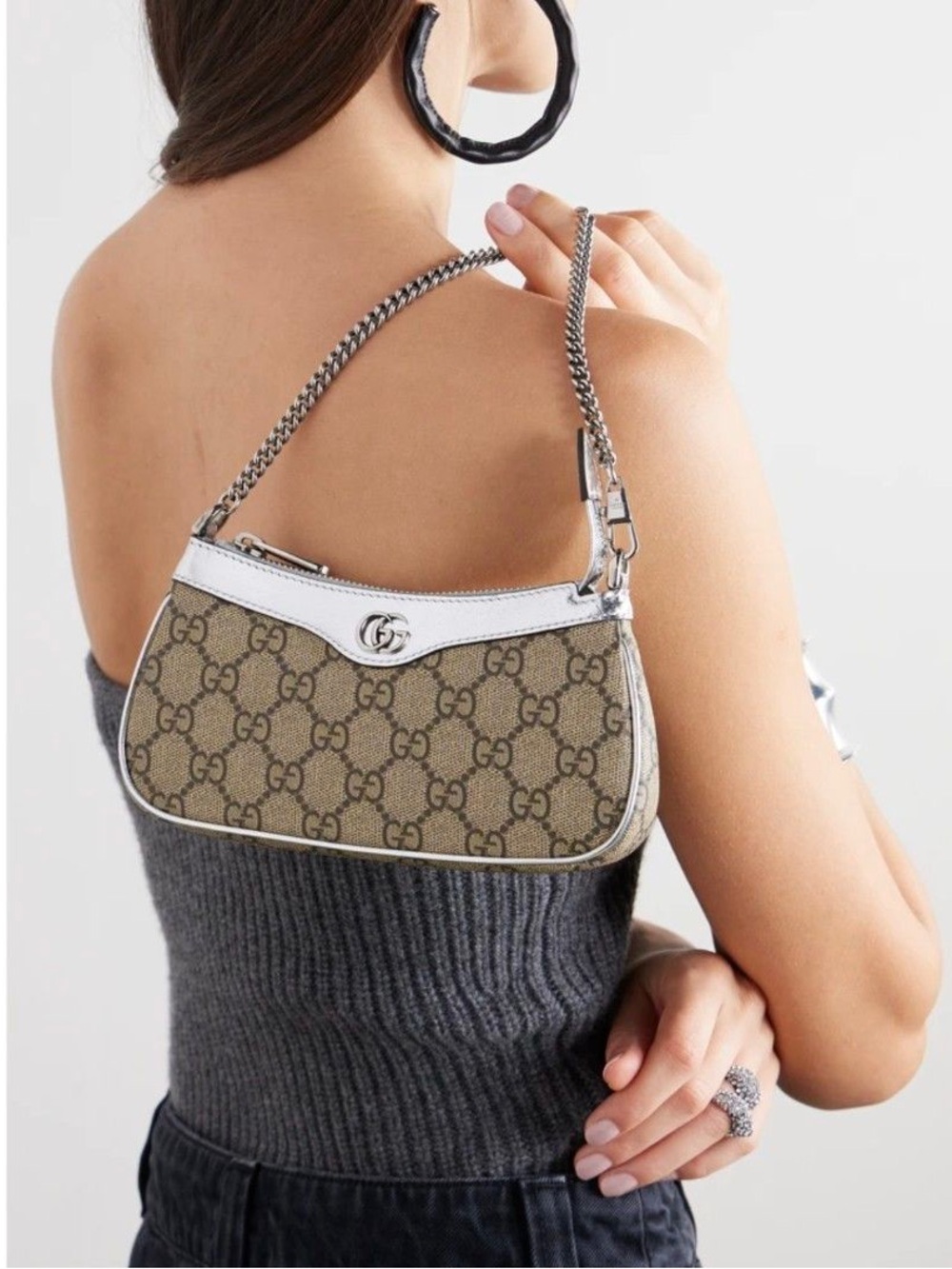 Gucci Ophidia Mini GG Supreme Shoulder Bag in Beige with Silver Trim